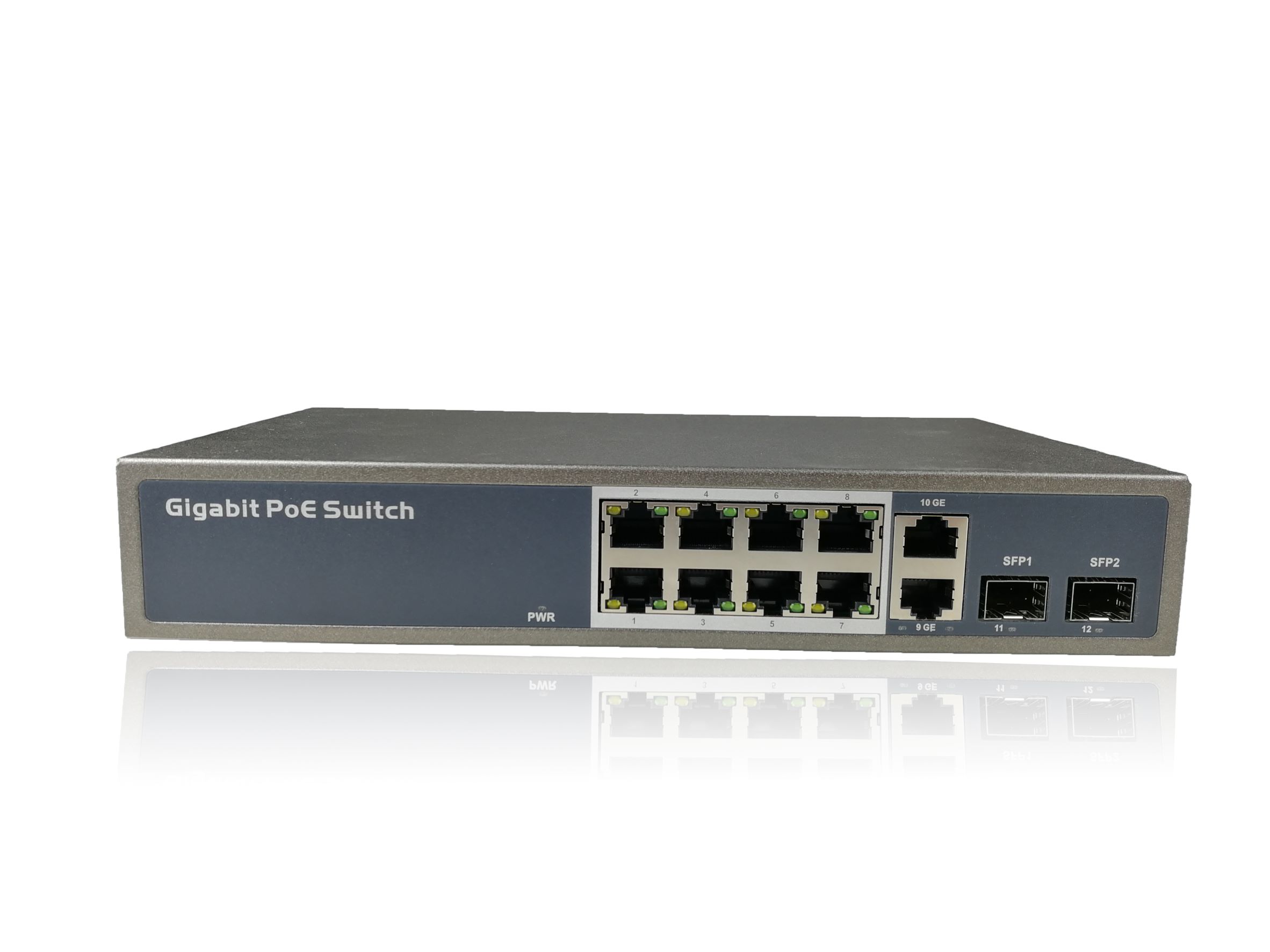 8 10/100/1000M adaptive RJ45 ports, 2 Gigabit RJ45 uplink ports, 2 independent Gigabit fiber SFP ports, 1 to 8 ports support Poe power