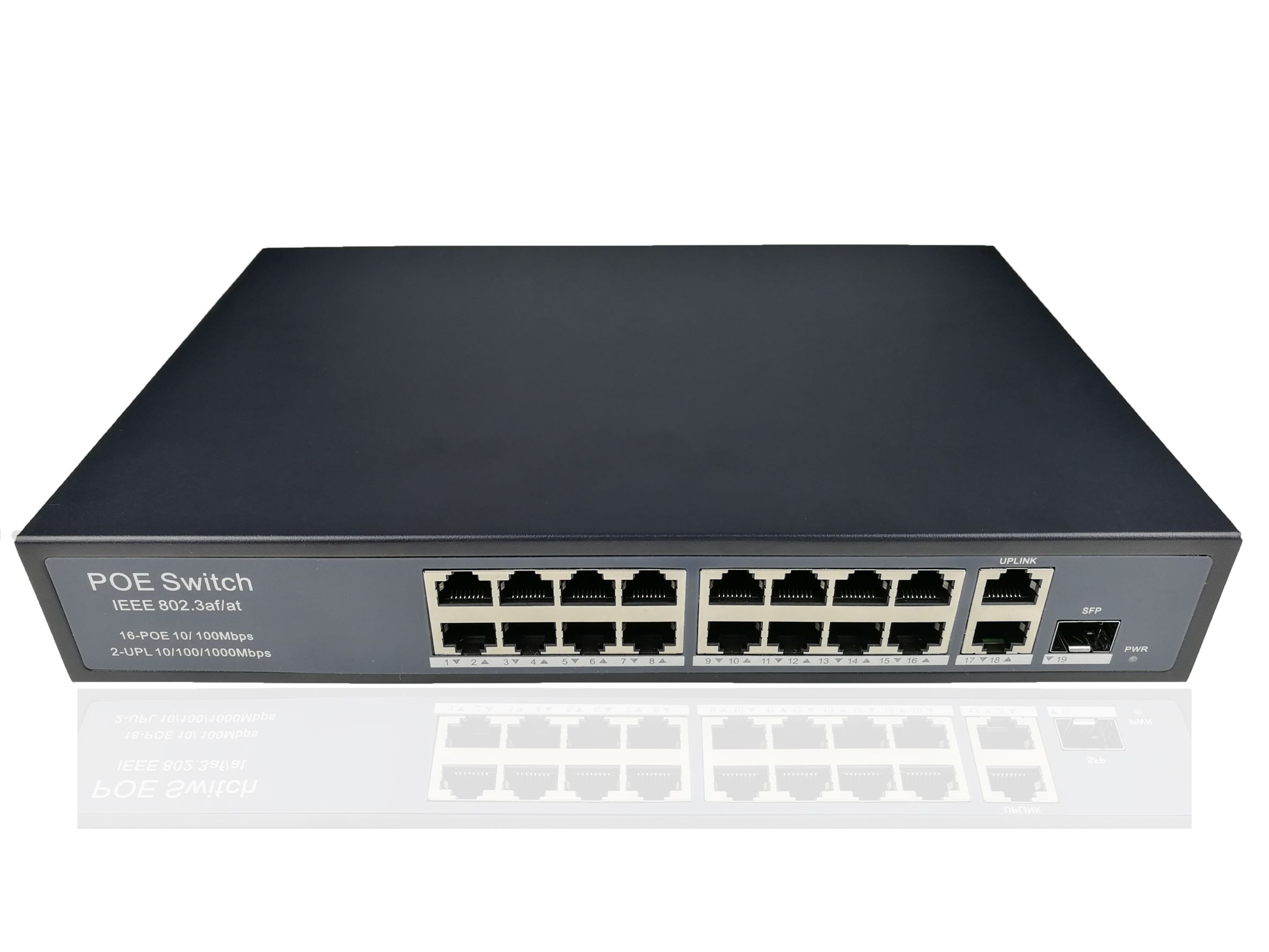 16 10/100/m adaptive RJ45 ports, 2 Gigabit RJ45 ports, 1 independent Gigabit fiber SFP, 1 ~ 16 ports support Poe power supply