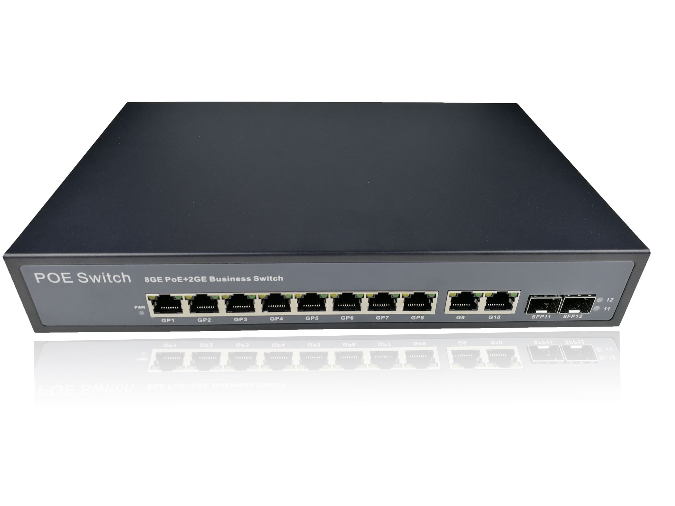 8 10/100/1000 Ethernet ports, 2 10/100/1000 Ethernet ports and 2 1000 Gigabit SFP ports. All 8 ports support IEEE 802.3af/at standard power supply